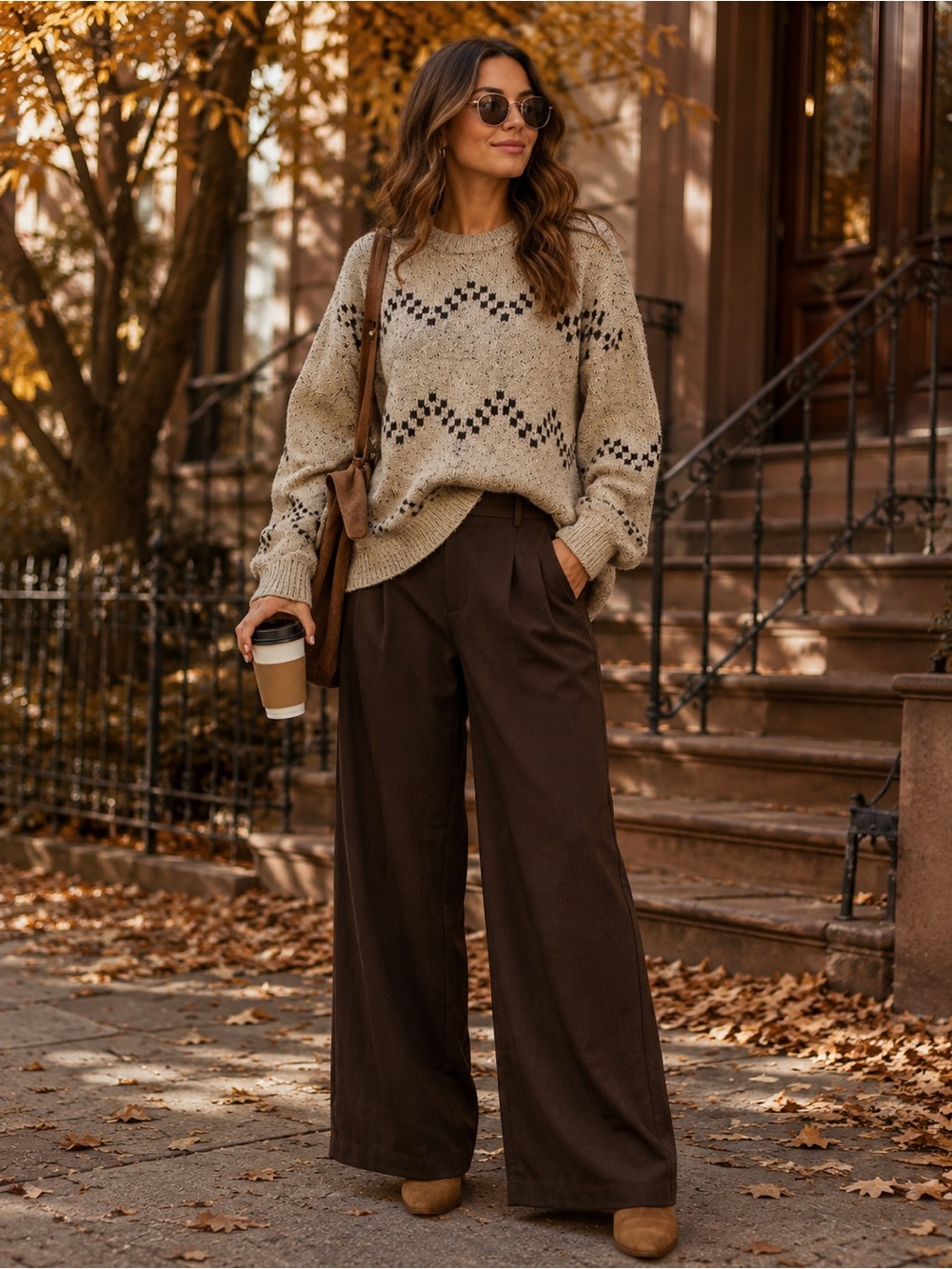 Beige Geometric Patterned Crewneck Sweater - 668 & 685
